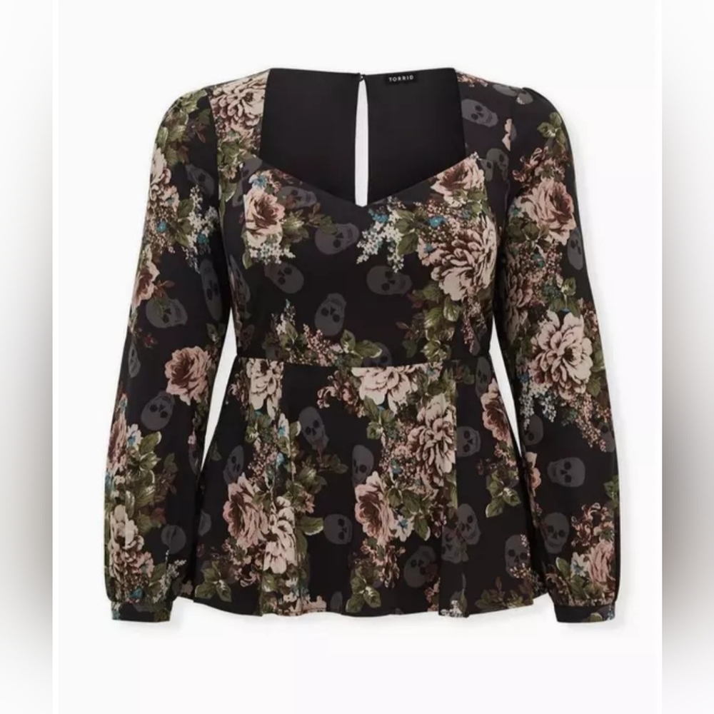 Torrid Peplum Crepe Sweetheart Neck Top Floral Skulls Size 2X NWT